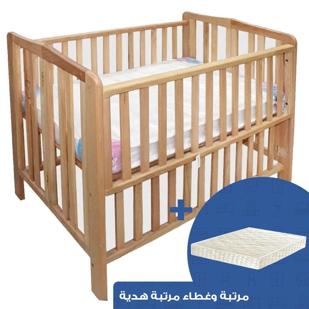 سرير أطفال خشب زان احمر 95×60×100 سم - بيج مع مرتبة وغطاء مرتبة هدية