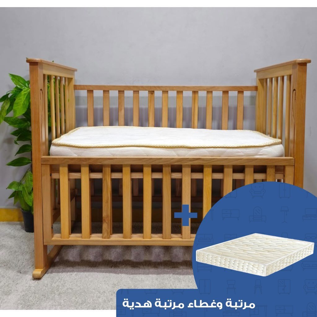 سرير أطفال خشب زان احمر 95×69×112 سم - بيج مع مرتبة وغطاء مرتبة هدية